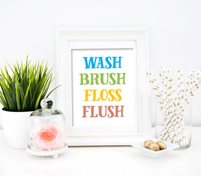 Wash Brush Floss Flush Bathroom Printable Bathroom Print | Etsy