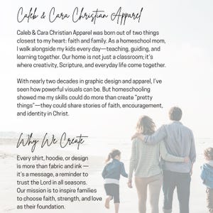 May include: Text overlay reads "Caleb & Cara Christian Apparel" and "Why We Create." The image shows a family of four walking on a beach. The text describes the brand's mission to inspire families through faith.