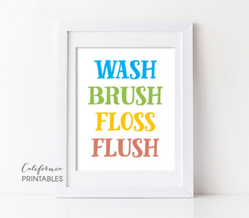 Wash Brush Floss Flush Bathroom Printable Bathroom Print | Etsy