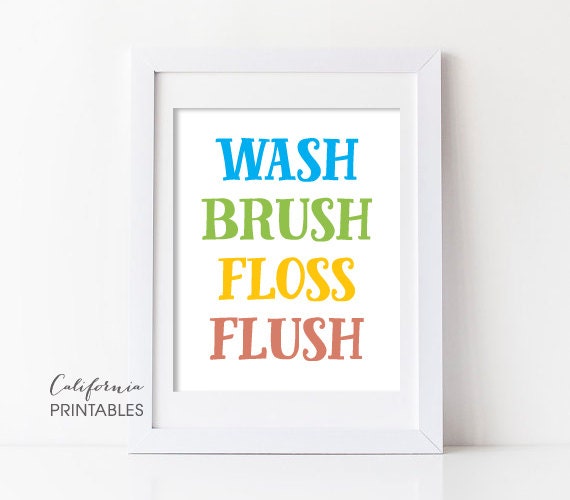 Wash Brush Floss Flush Bathroom Printable Bathroom Print | Etsy