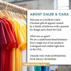May include: A rack of colorful t-shirts in red, orange, yellow, and white. The image includes text that reads "ABOUT CALEB & CARA" and "calebcara.etsy.com". The text also mentions Christian gifts and apparel.