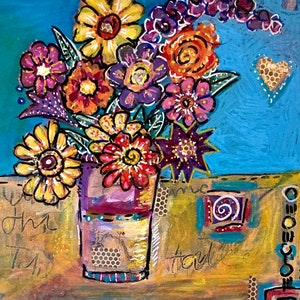 Flowers in vase still painting  mixed media folk art small art expressive
