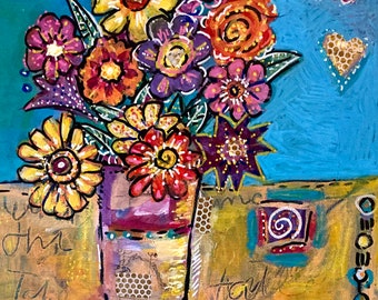 Flowers in vase still painting  mixed media folk art small art expressive