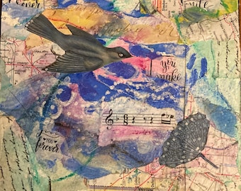 Bird Adventure Mixed Media Painting small art