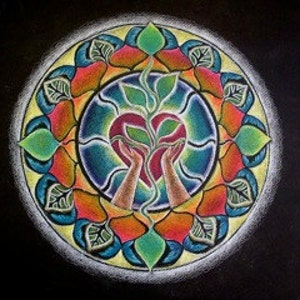 May include: A colorful mandala design with a heart in the center. The heart is surrounded by green leaves and two hands holding the heart. The mandala is made up of various colors, including red, orange, yellow, green, blue, and purple.