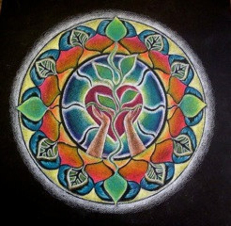 May include: A colorful mandala design with a heart in the center. The heart is surrounded by green leaves and two hands holding the heart. The mandala is made up of various colors, including red, orange, yellow, green, blue, and purple.