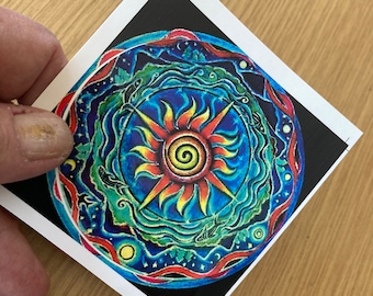 Sun Mandala Sticker- One  Original Illuminated Mandala Drawing Sticker- 3 inch -