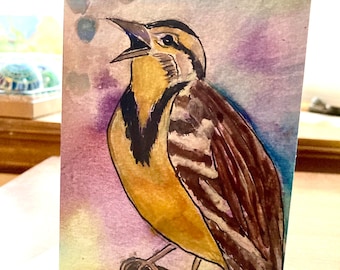 Singing Meadow Lark Bird Greeting Card watercolor singing bird Art