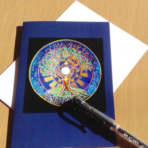 Mandala Solstice Card Full Moon Tree of Life Winter Solstice Mandala Greeting Card Art Card Colored Pencil Drawing Blank image 1