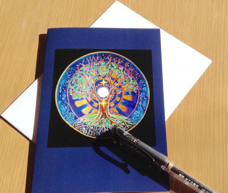 Mandala Solstice Card Full Moon Tree of Life Winter Solstice Mandala Greeting Card Art Card Colored Pencil Drawing Blank image 1