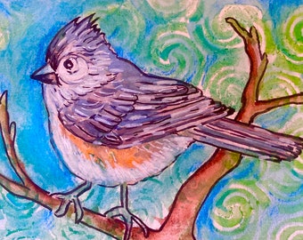 Tufted Tit Mouse Bird Greeting Card watercolor singing bird Art