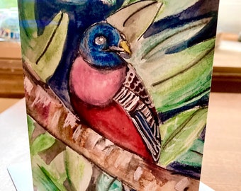 Tropical Colorful Bird Greeting Card watercolor singing bird Art