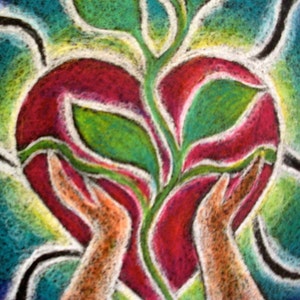 May include: A vibrant abstract painting featuring a red heart shape with a green plant growing from it. Two hands are holding the heart, symbolizing love and growth.
