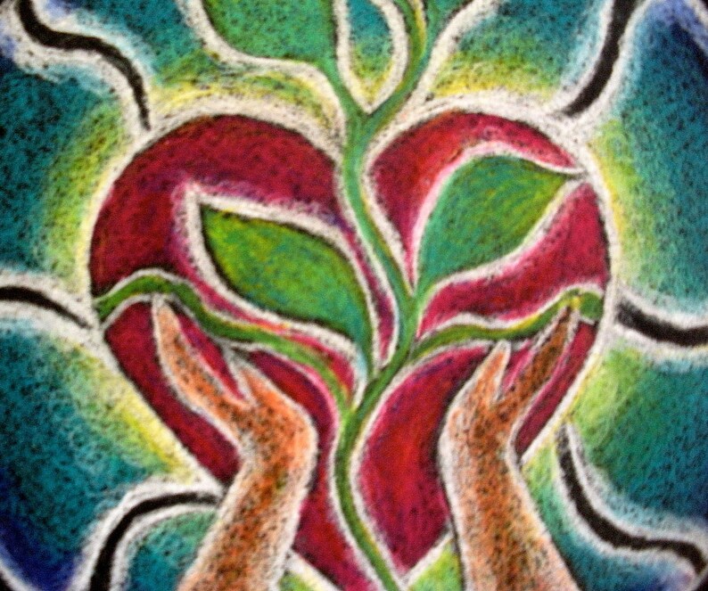 May include: A vibrant abstract painting featuring a red heart shape with a green plant growing from it. Two hands are holding the heart, symbolizing love and growth.