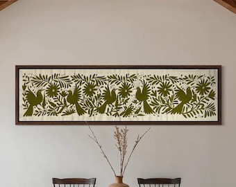 Huge Handmade Tenango Embroidery in Green - Horizontal Otomi Tapestry - Mexican Textile XXL 191 cm x 46 cm - (UNFRAMED)