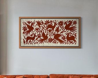 Large Handmade Tenango Embroidery - Otomi Embroidery in Brick Color XL 96 cm x 47 cm - Modern Mexican Tapestry (NO FRAME)