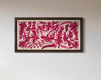 Mexican Textile Tenango Embroidered and Handmade - Modern Otomi Tapestry in Three Combined Colors of Pink - XL 98 cm x 46 cm (UNFRAMED)