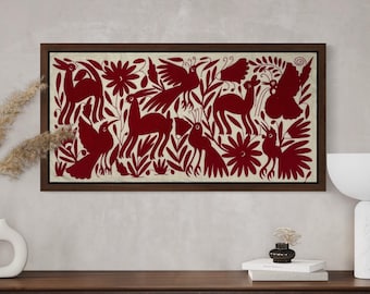 Handmade Tenango Tapestry - Modern Otomi Embroidery in Red - XL 95 cm x 46 cm (UNFRAMED)