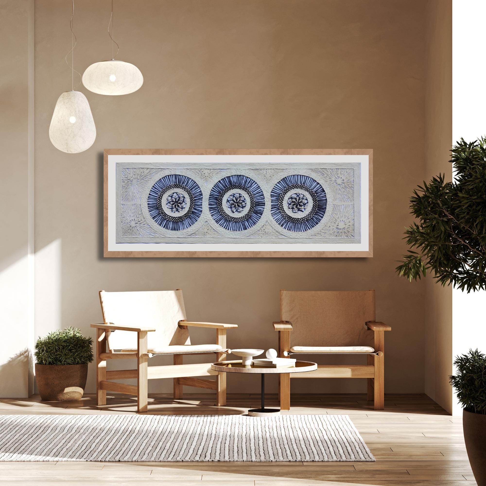 Amate Paper Wall Art | Handmade - Authentic Modern Mexican Wall Art XL - 47 x 15 - (Unframed) With Flower-Shaped Fabrics