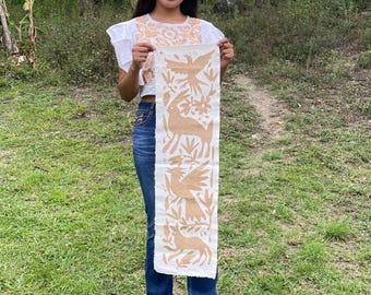 Handmade Tenango Embroidery in Beige - Otomi Embroidery XL 94 cm x 25 cm - Mexican Art in Vertical Format (NO FRAME)