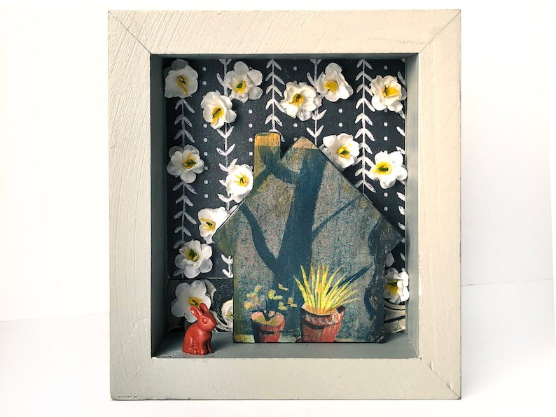 shadowbox art inexpensive art rabbit plants House found object Christmas gift small art friend gift housewarming flowers