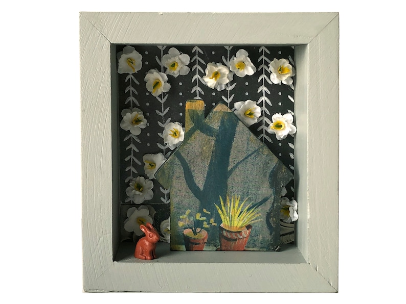shadowbox art inexpensive art rabbit plants House found object Christmas gift small art friend gift housewarming flowers