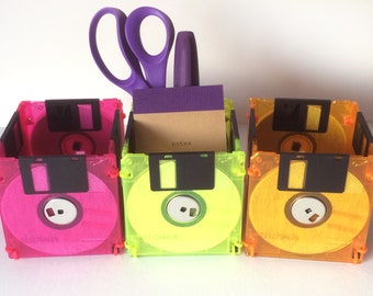 Floppy Disk - Translucent - Colors - Container - Pencil Cup - Planter - Upcycled - Reused Materials - Under 15 Dollars - Gift for Him or Her