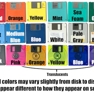 A diagram showing the various colors of 3.5 inch floppy disks available in both opaque plastic and translucent plastic.