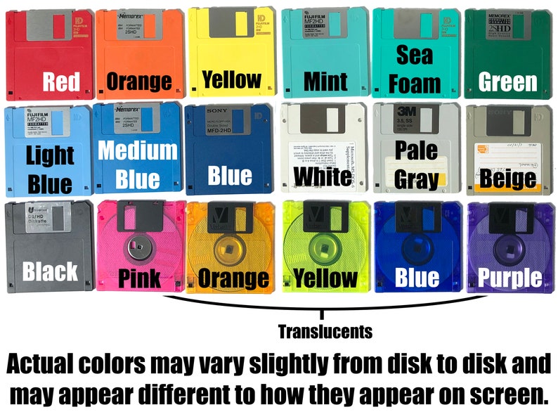 A diagram showing the various colors of 3.5 inch floppy disks available in both opaque plastic and translucent plastic.