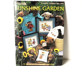 Charted Cross Stitch - Sunshine Garden - Needlepoint - Pattern Book - 1990's - Handmade Gifts - Leisure Arts - Sunflower - Teddy Bear - Bees