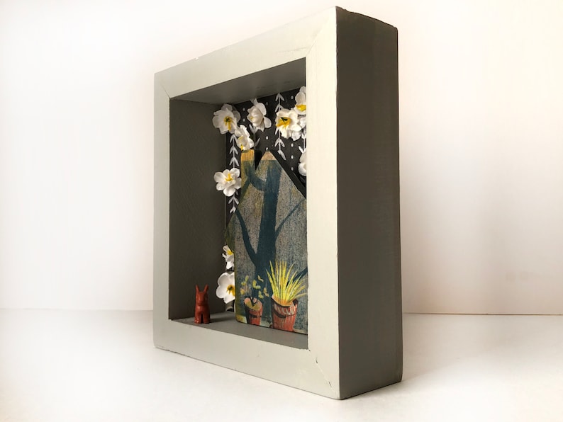 shadowbox art inexpensive art rabbit plants House found object Christmas gift small art friend gift housewarming flowers