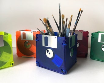 Floppy Disk - Translucent - Green - Container - Pencil Cup - Planter - Upcycled - Reused Materials - Under 20 Dollars - Gift for Him or Her