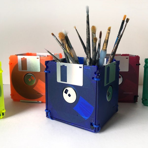 Floppy Disk - Translucent - Green - Container - Pencil Cup - Planter - Upcycled - Reused Materials - Under 15 Dollars - Gift for Him or Her