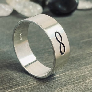 Wide Band with Engraved Infinity Symbol 8mm Matte Finish .925 Silver Sizes 3-16 image 1
