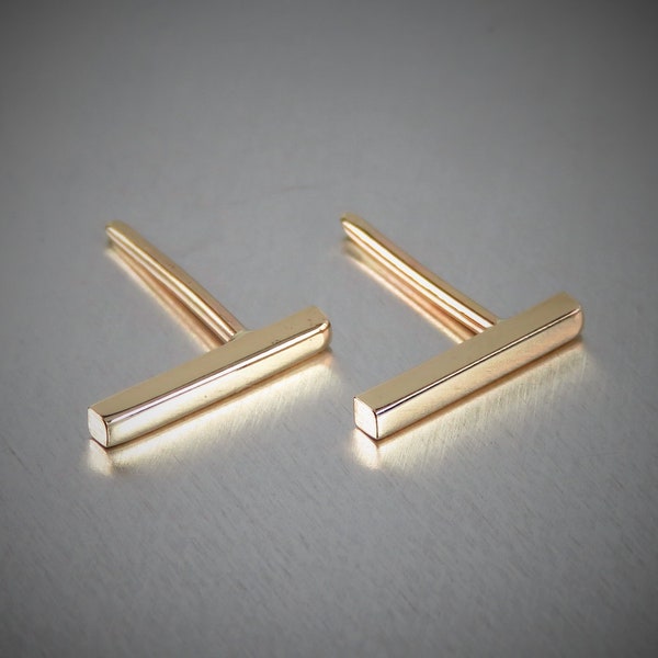 Handmade Solid 14K Yellow Gold Bar Earrings, Rectangle Studs 11mm long, Sold Individually