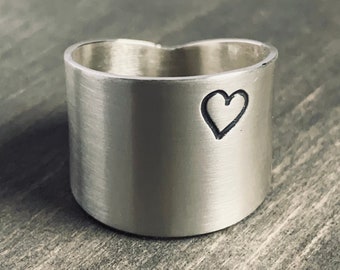 Wide Ring with Black Heart Engraved, Lovecore .925 Silver Sizes 3-16