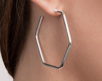 Sterling Silver Hexagon Hoop Earrings, Geomtric