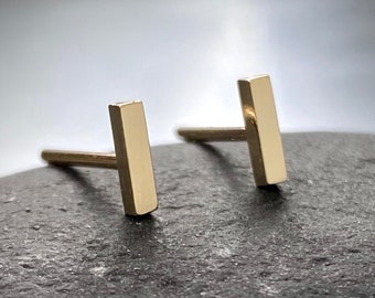 Short Rectangle 14K Yellow Gold Bar Studs, Simple Geometric Minimalist Earrings, Rose and White Gold Available, Sold Individually