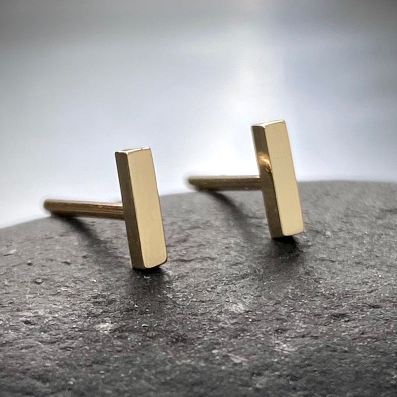Short Rectangle 14K Yellow Gold Bar Studs, Simple Geometric Minimalist Earrings, Rose and White Gold Available, Sold Individually image 1