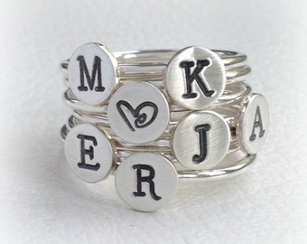 Silver Letter Ring, Hand Stamped Initial Ring, Monogram Stacking Ring, Sold Individually