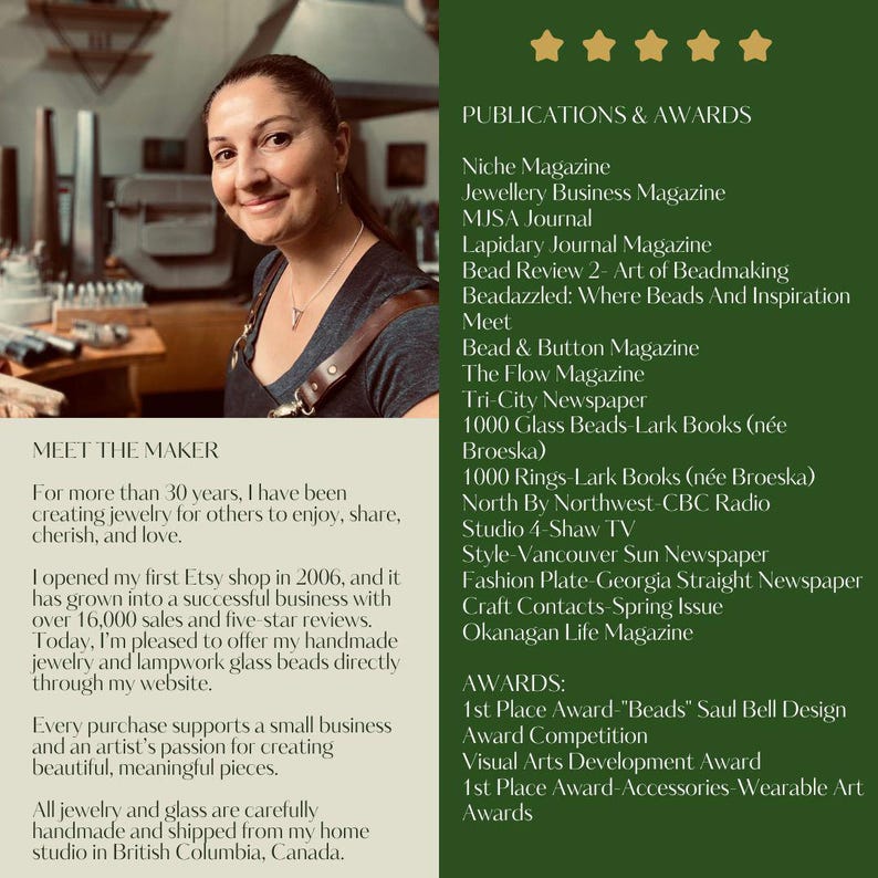 May include: A portrait of a jewelry maker with text detailing publications, awards, and a biography. The text lists various magazines, books, and media outlets, alongside a five-star rating graphic and a personal statement about 30 years of experience.