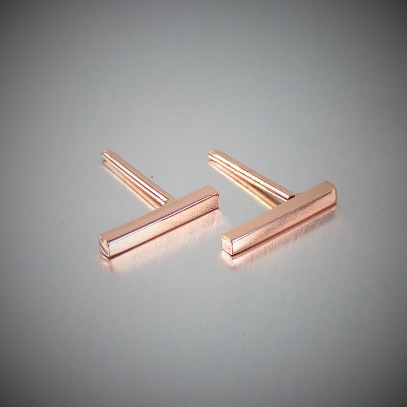 Handmade Solid 14K Yellow Gold Bar Earrings, Rectangle Studs 11mm long, Sold Individually image 6