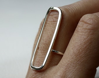 Long Rectangle Ring in 925 Sterling Silver, Open Mind Ring, Geometric Jewelry