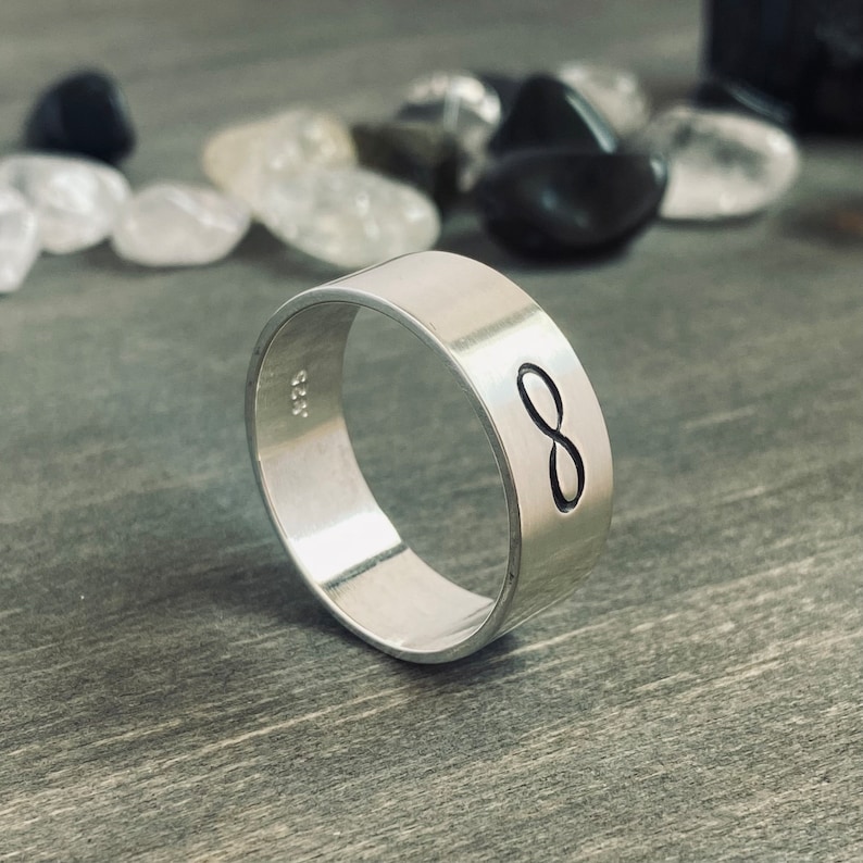 Wide Band with Engraved Infinity Symbol 8mm Matte Finish .925 Silver Sizes 3-16 image 1