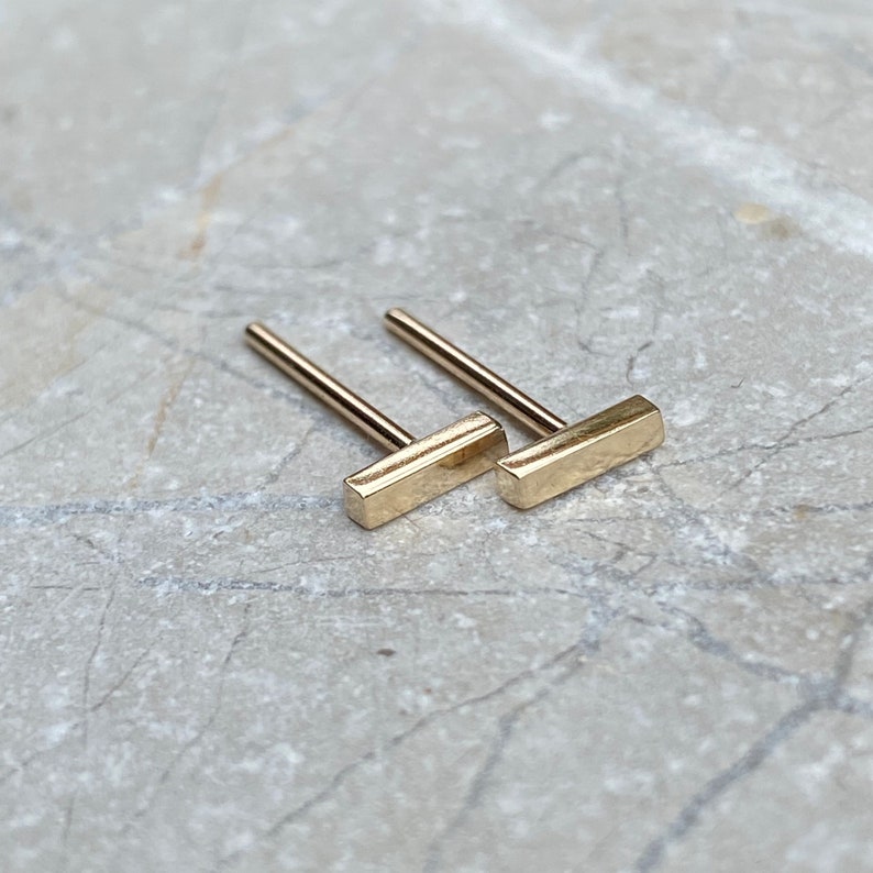 Short Rectangle 14K Yellow Gold Bar Studs, Simple Geometric Minimalist Earrings, Rose and White Gold Available, Sold Individually image 2