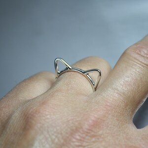 Sterling silver cat ears ring worn on finger.