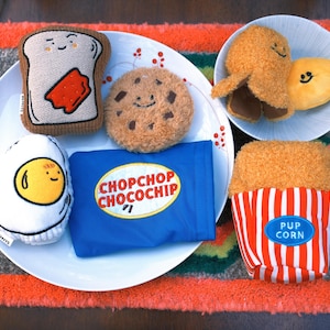 Dog Interactive Food Plush Toys | Egg Toast Cookies Popcorn Toys | Treat Dispenser | Squeaky Dog Birthday Gift | Dog Christmas Gift