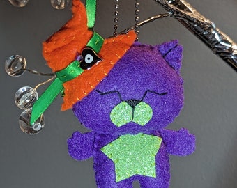 Witch Neko Kitty Ornament - Purple glitter Green Orange