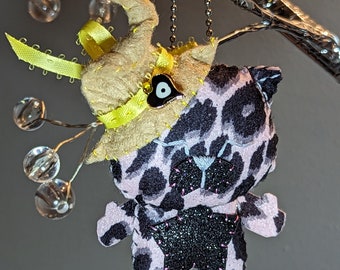 Dawn / Dusk Witch Neko Kitty Ornament - Pink leopard glitter Black Tan