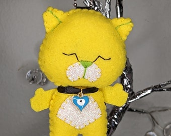 Glitter Glam  Neko Kitty Ornament - Yellow White iridescent glitter Green